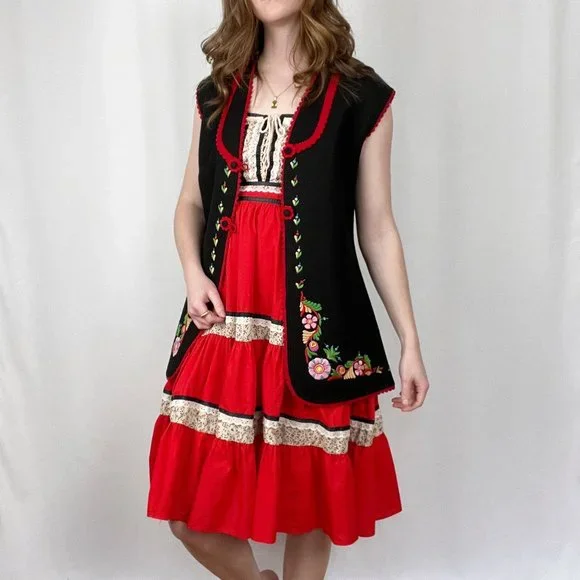 Vintage Cottagecore Tiered Floral Lace Milkmaid Alps German Peasant Midi Dress - Picture 10 of 11